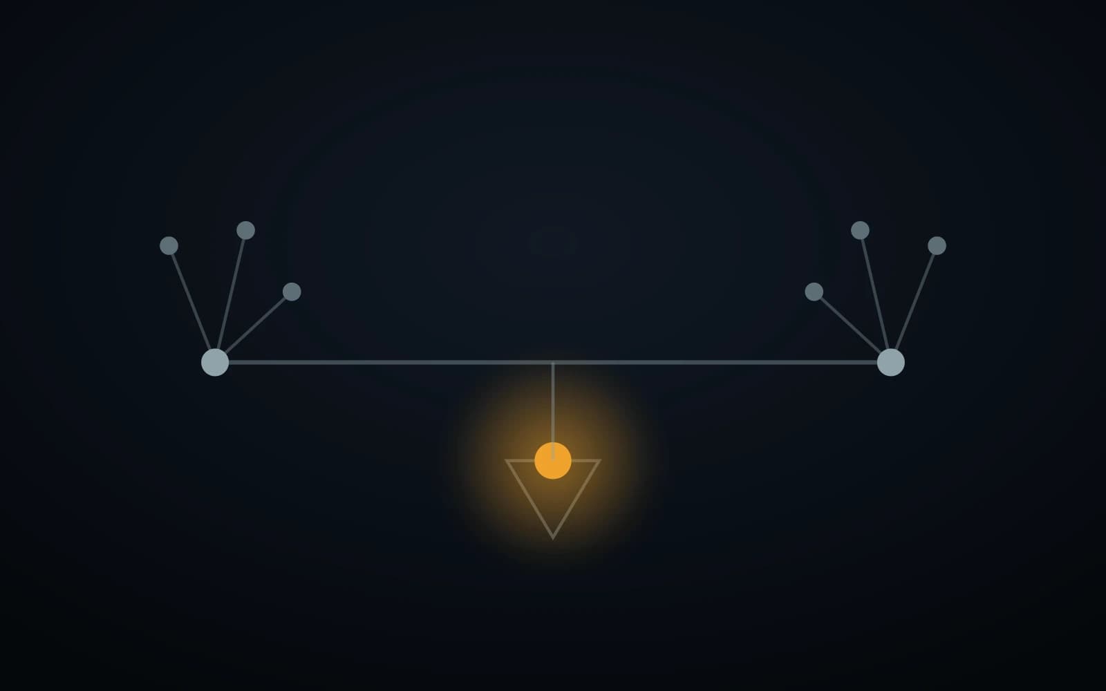 Illustration abstraite d'une balance en équilibre entre deux groupes de nœuds, sur fond sombre