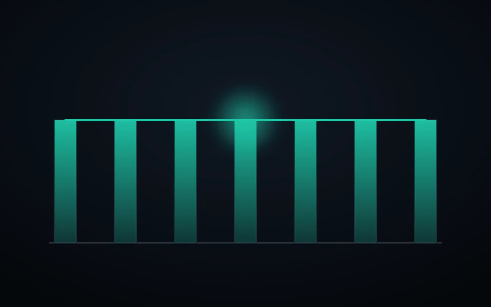 Illustration abstraite de sept colonnes de hauteur égale reliées par un trait horizontal au sommet, sur fond sombre